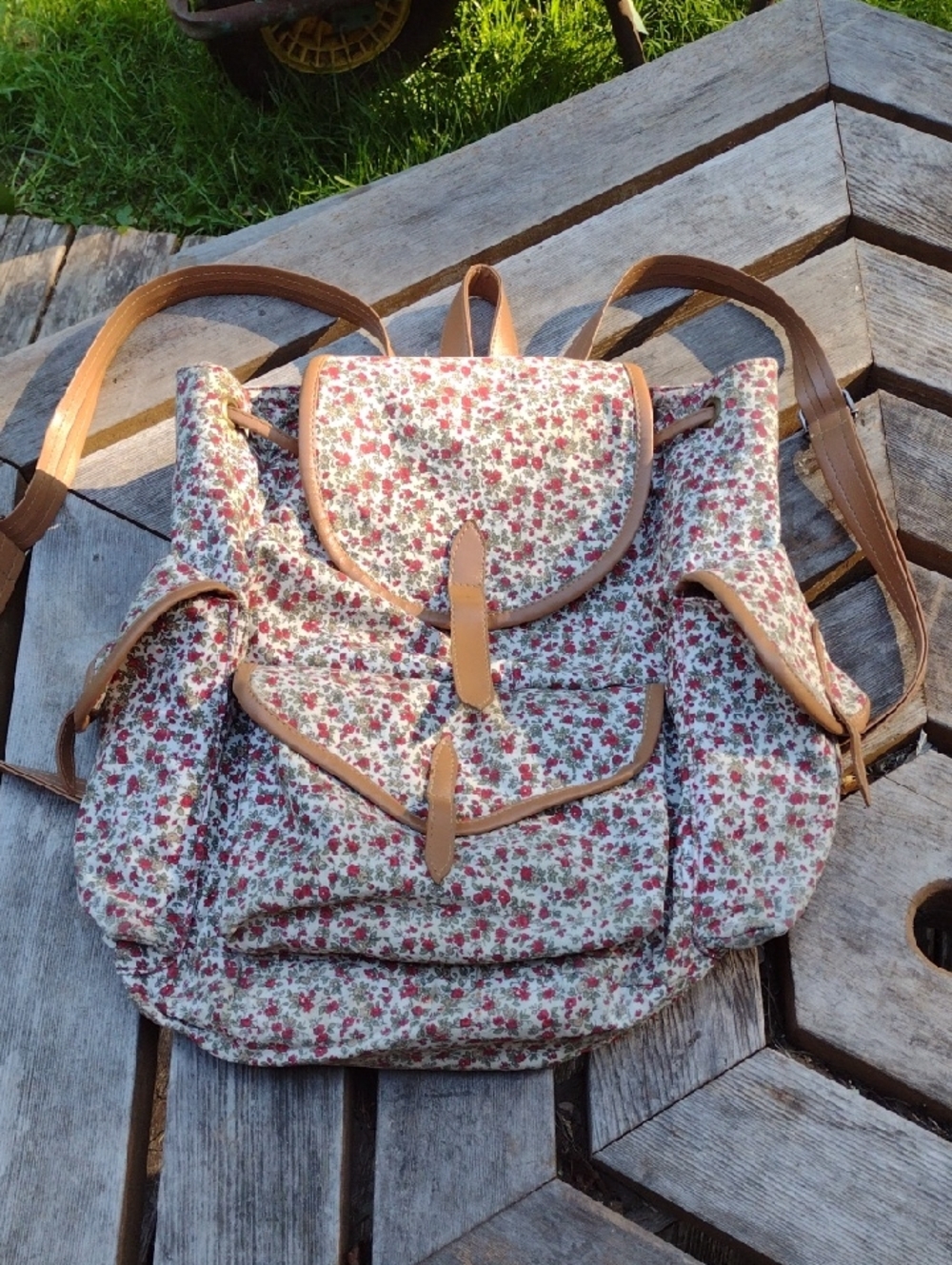 Vintage Floral Cotton Backpack with Tan Trim